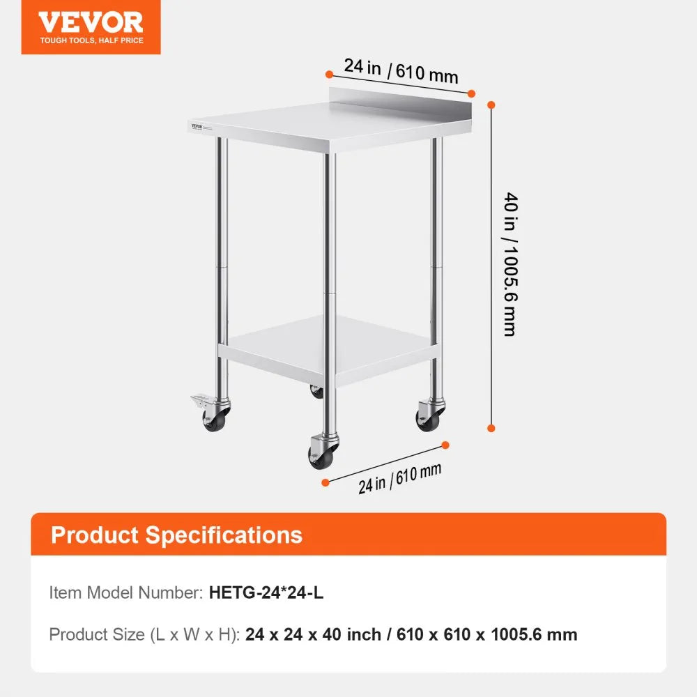 VEVOR 24 x 24 x 40 Inch Stainless Steel Work Table, Commercial Food Prep Worktable with Casters, Heavy Duty Prep Worktable, Metal Work Table with Adjustable Height for Restaurant, Home and Hotel