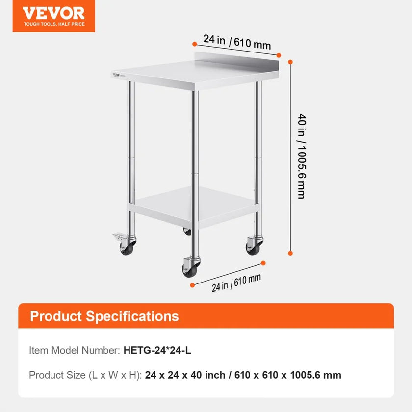 VEVOR 24 x 24 x 40 Inch Stainless Steel Work Table, Commercial Food Prep Worktable with Casters, Heavy Duty Prep Worktable, Metal Work Table with Adjustable Height for Restaurant, Home and Hotel