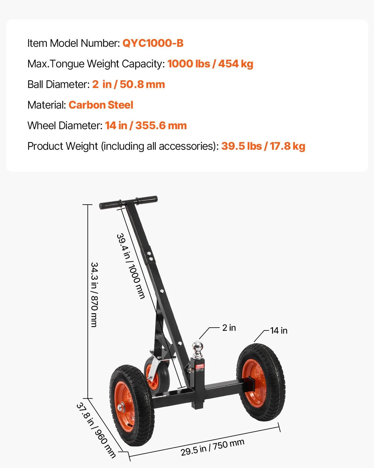 1000lbs Trailer Dolly 16.7 and 22 in Adjustable Height 2 in Ball 14 in Tires