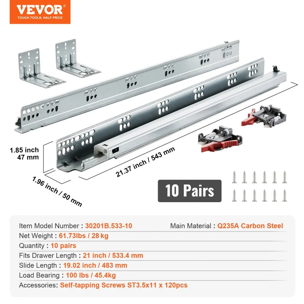 VEVOR 10 Pairs of 21 Inch Drawer Bottom Side Mount Rails, Heavy Duty Full Ball Bearing Extension Steel Track, Soft-Close Noiseless Guide Glides Cabinet Kitchen Runners with Locking Mechanism, 100 Lbs