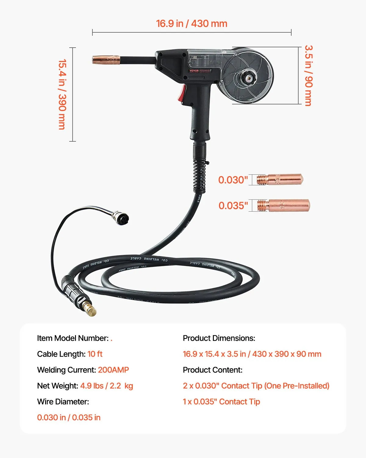 VEVOR 200Amp Spool Gun with 10FT Cable Suitable for 0.030