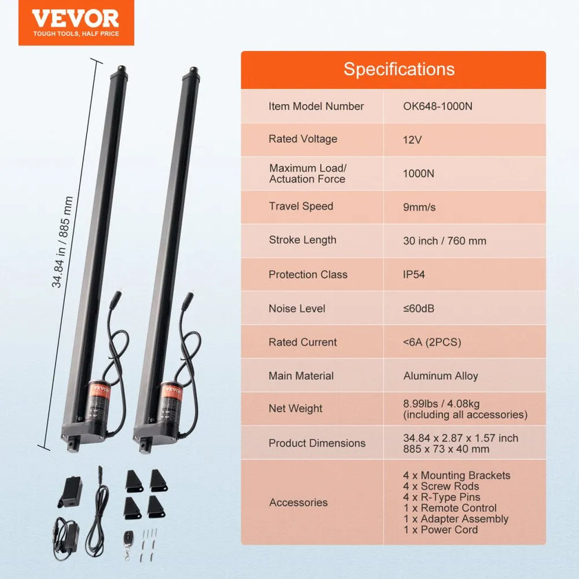 VEVOR 2PCS Linear Actuator Kit, 30 Inch High Speed 0.35