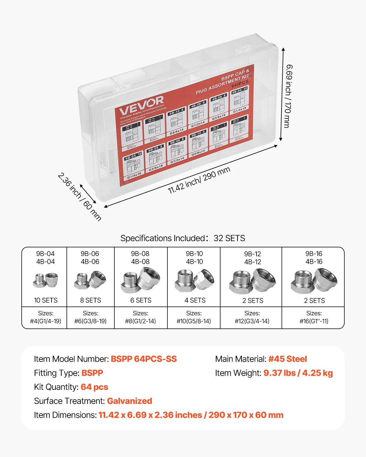 VEVOR 64 PCS BSPP Hydraulic Fitting Galvanized Cap & Plug Assortment Adapter Kit