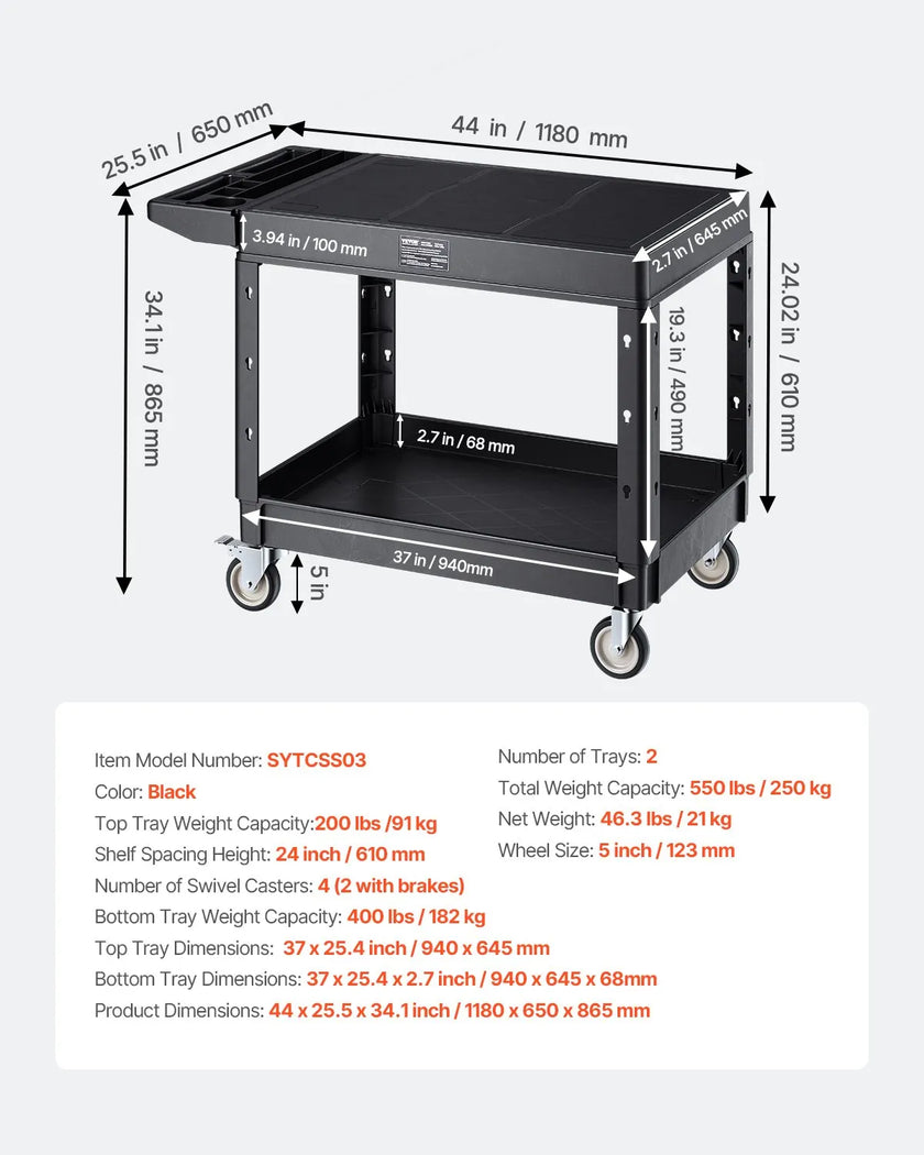 VEVOR 2-shelf Utility Cart 550 lbs 37 x 25.4-inch Service Cart with Wheels
