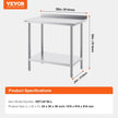 VEVOR 24 x 36 x 36 Inch Stainless Steel Work Table, Commercial Food Prep Worktable Heavy Duty Prep Worktable, Metal Work Table with Adjustable Height for Restaurant, Home and Hotel