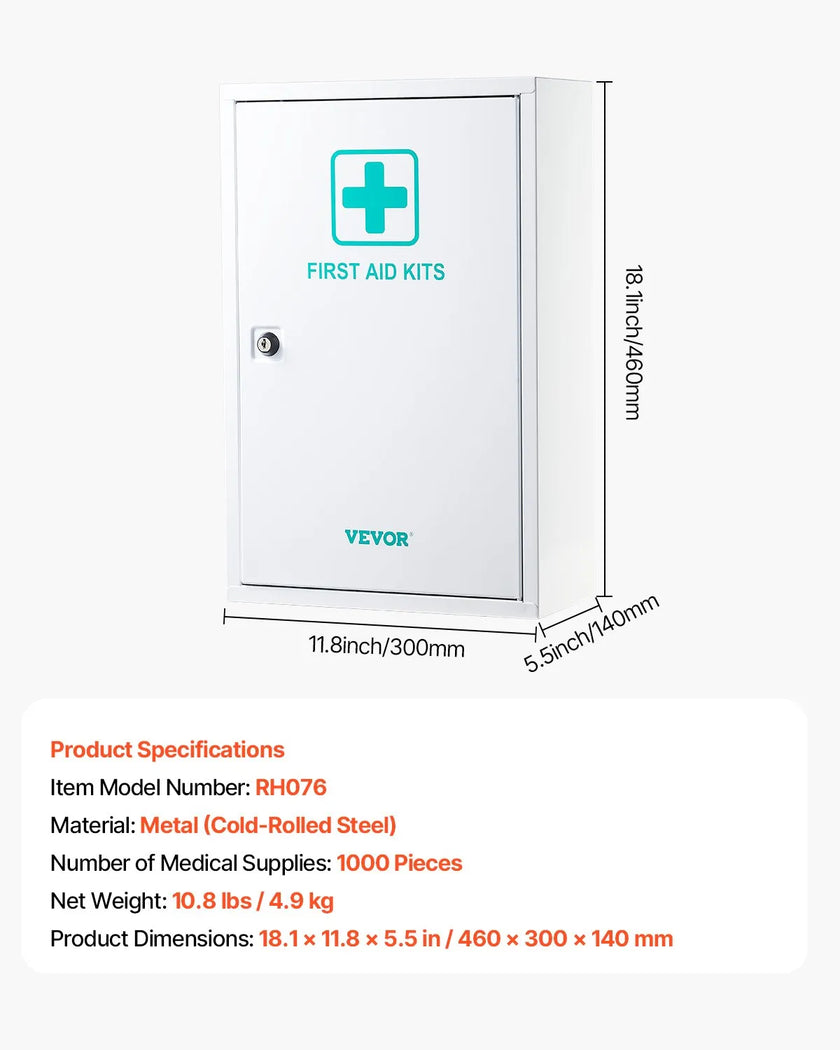 VEVOR 3-Shelf First Aid Cabinet 1000 Pieces Wall Mounted Medicine Metal Cabinet