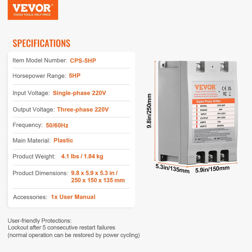 VEVOR 3 Phase Converter - 5HP 15A 220V Single Phase to 3 Phase Converter, Digital Phase Shifter for Residential and Light Commercial Use, 220V-240V Input/Output (One Converter for One Motor Only)