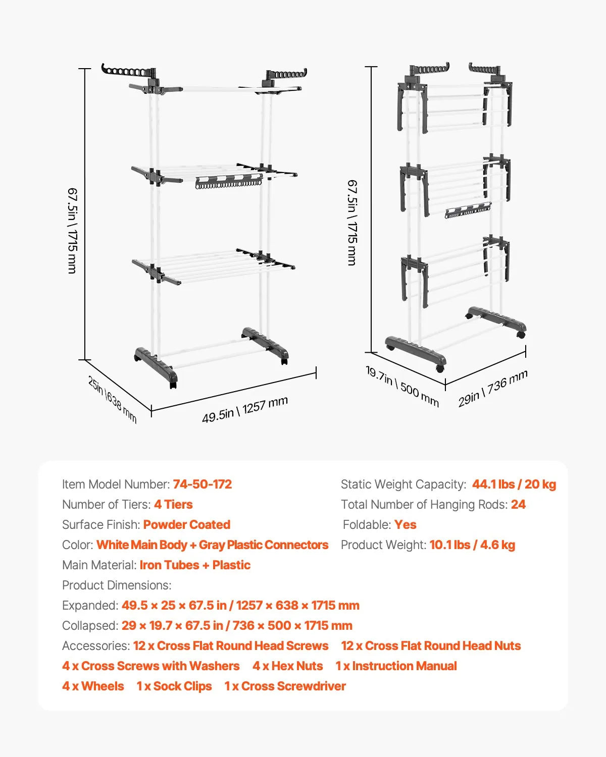 VEVOR 4-Tier Foldable Clothes Drying Rack with 24 Drying Poles and 4 Castors