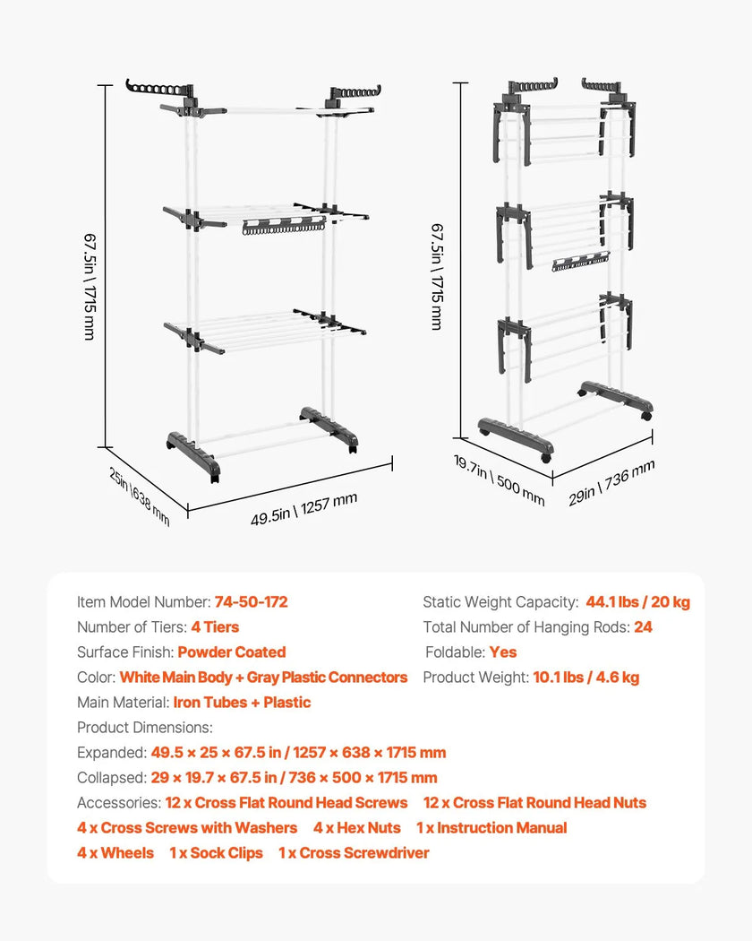 VEVOR 4-Tier Foldable Clothes Drying Rack with 24 Drying Poles and 4 Castors