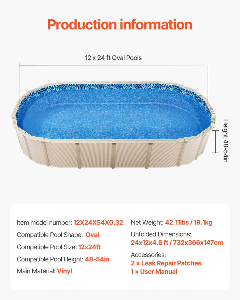VEVOR Oval Pool Liner 12x24ft Overlap Style Pool Liner 54in Wall Height