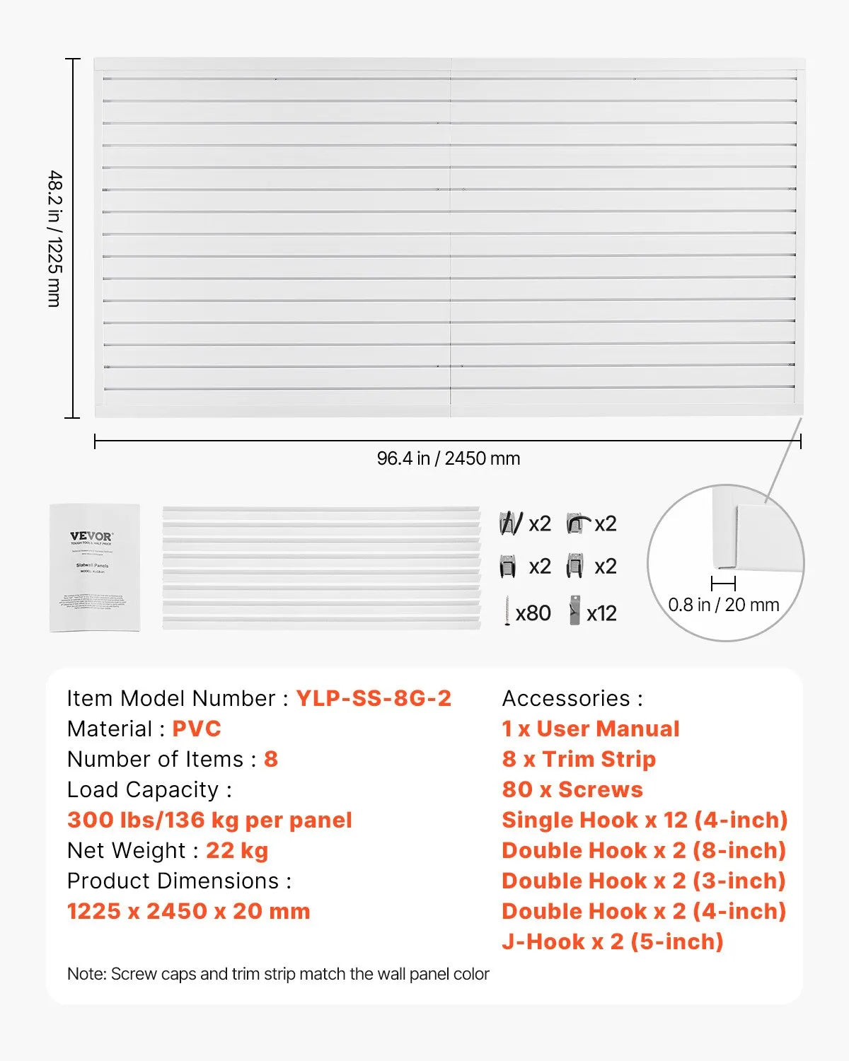 VEVOR 8 x 4 ft Slat Wall Paneling PVC White Garage Slatwall with Accessories