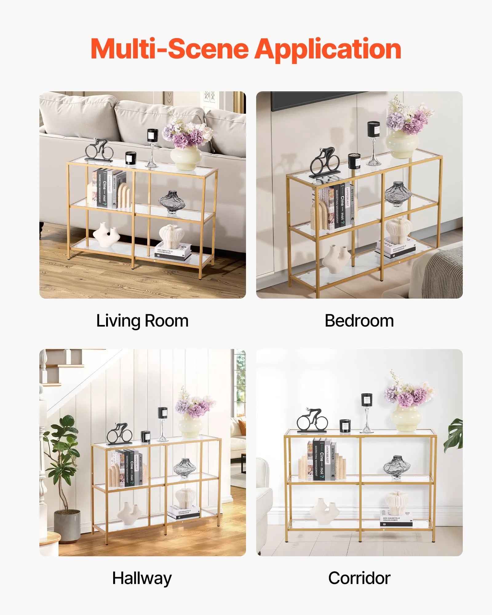 VEVOR 3-Tier Glass Console Table Rectangle Sofa Side Table with Anti-Tip Golden