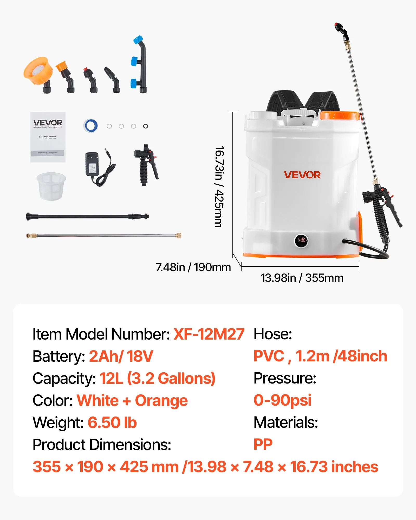 VEVOR 3.2 Gal Battery Powered Backpack Sprayer 0-90 PSI 2H Runtime for Yard Lawn