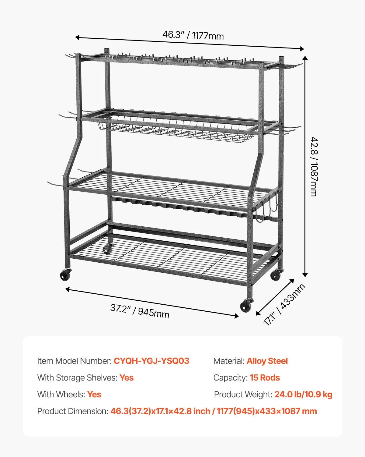 VEVOR 15 Pole Fishing Rod Holder Fishing Rack Cart Organizer for Garage Wheels