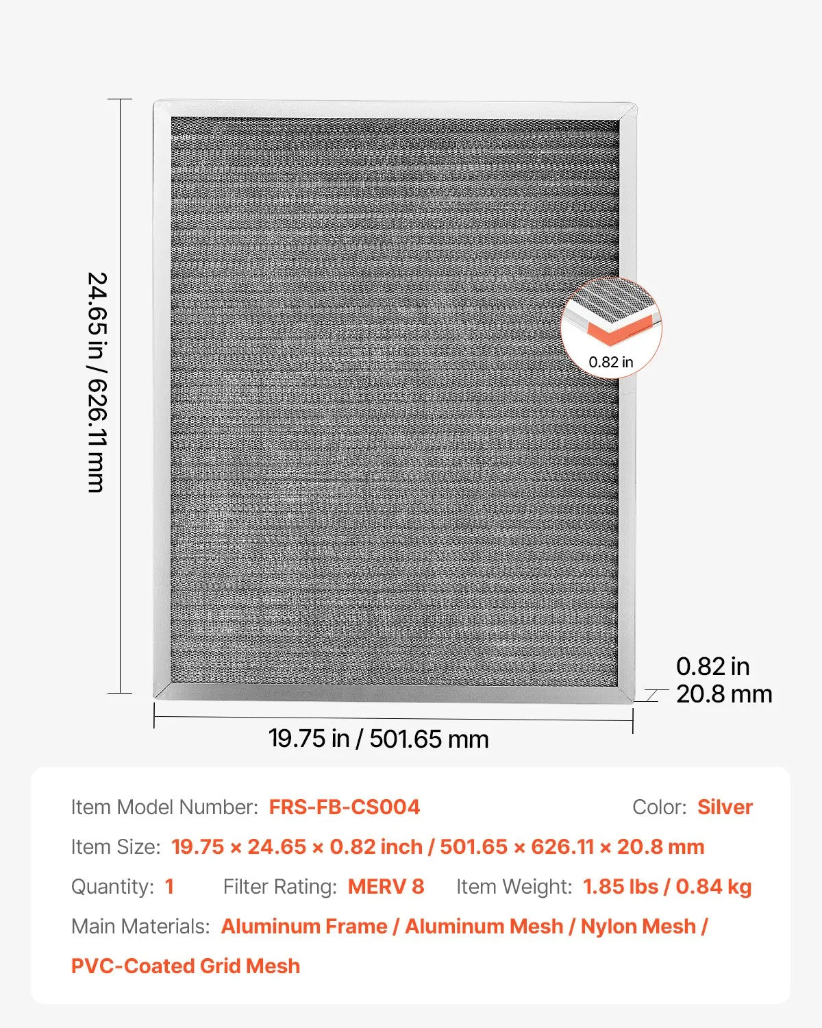 VEVOR 20x25x1 Aluminum Electrostatic Air Filter MERV 8 Actual 19.75x24.65x0.82
