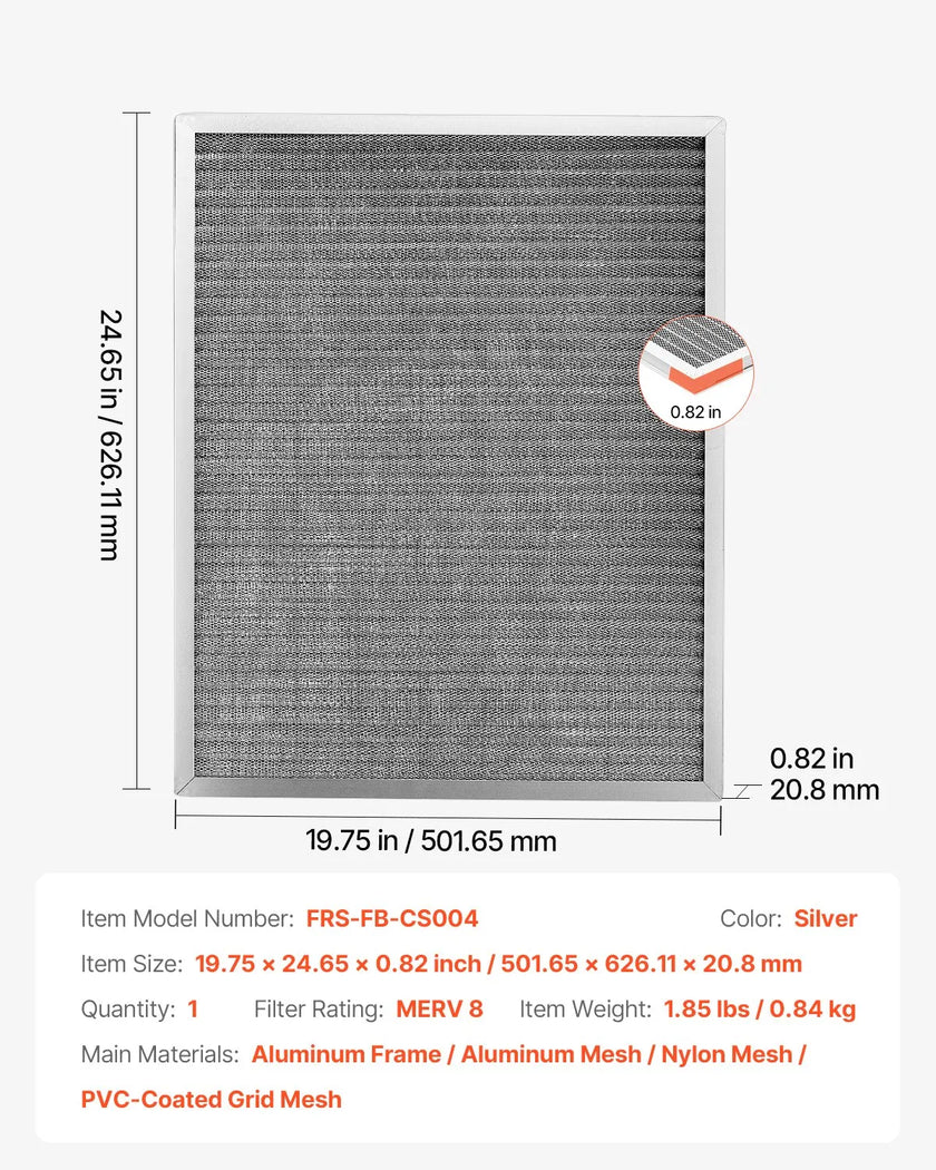 VEVOR 20x25x1 Aluminum Electrostatic Air Filter MERV 8 Actual 19.75x24.65x0.82