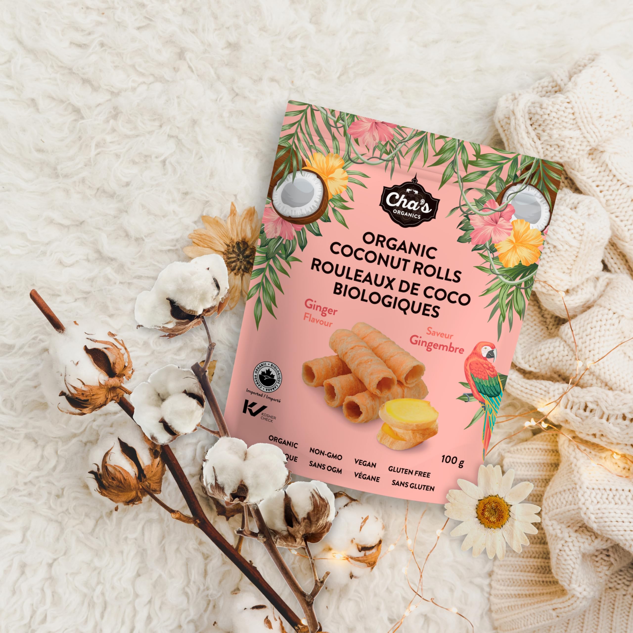 Cha's Organics - Organic Coconut Rolls - Ginger (100g)