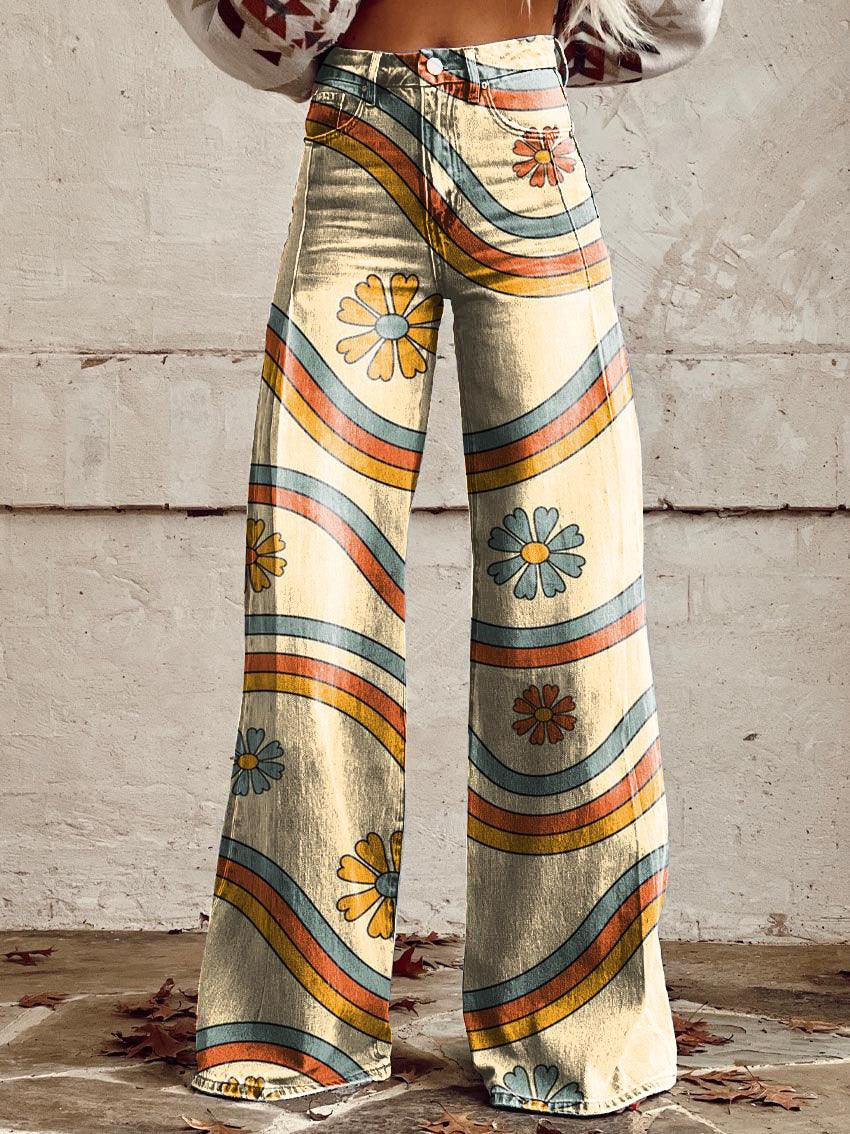 Graphic Printed Pants for Women – Stretch Denim Look Casual Trousers