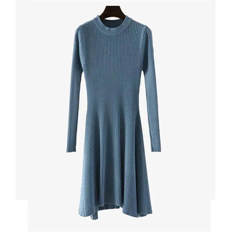 Autumn Winter Round neck Slim fit Mini Flared Sweater Dress