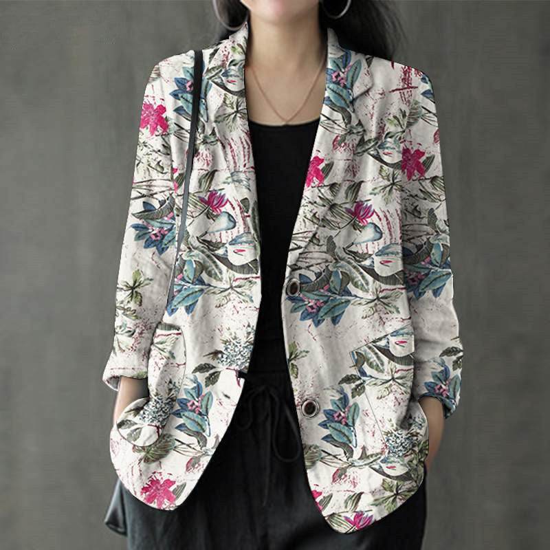 Women's floral Cotton Linen jacket Pocket Blazer