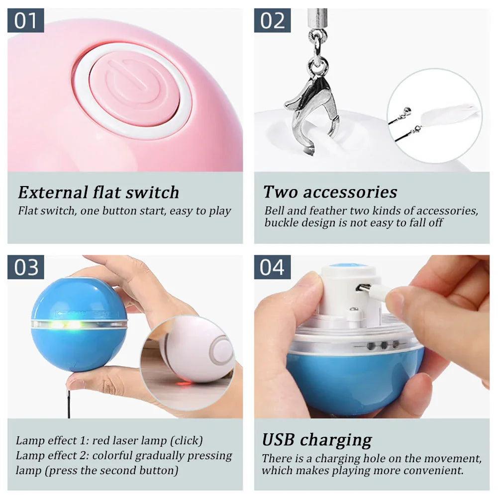 USB Rechargeable LED Rolling Cat Ball Toy with Feather & Bell – Blue, White, Gray, Pink
