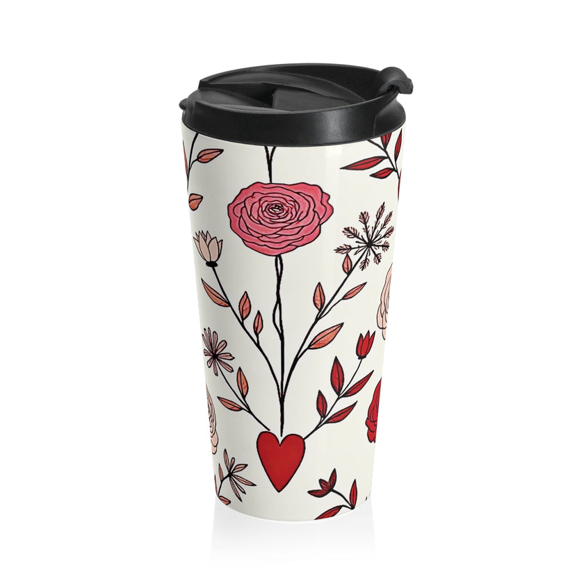 Hand-Drawn Red Heart Floral Stainless Steel Travel Mug | Valentine Pattern