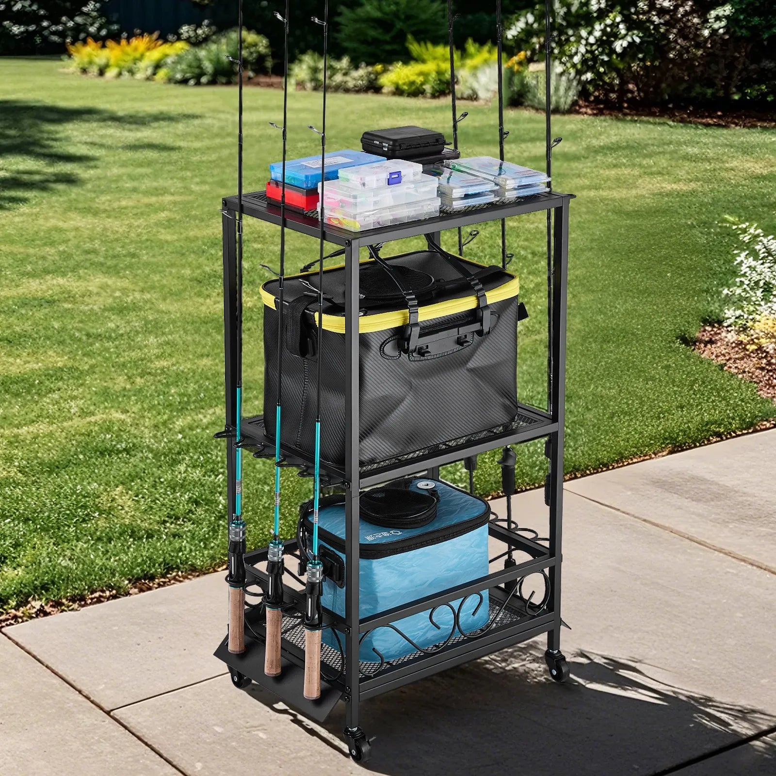 VEVOR 10 Pole Fishing Rod Holder Fishing Rack Cart Organizer for Garage Wheels