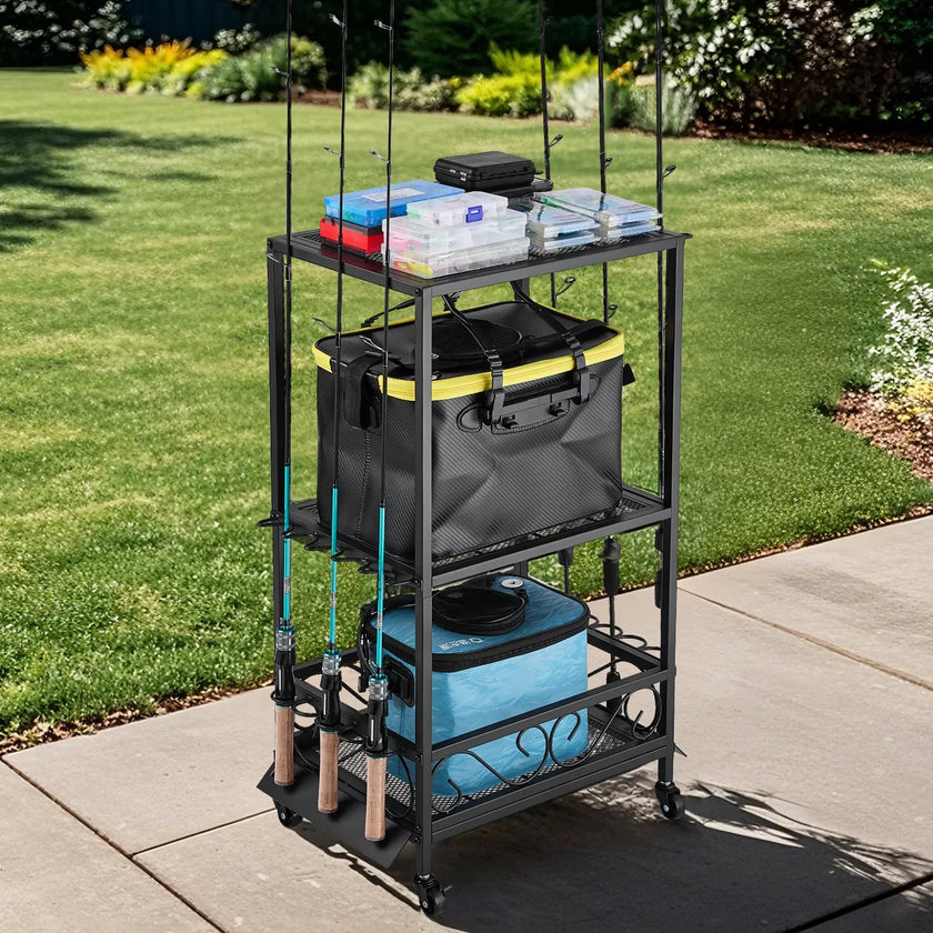 VEVOR 10 Pole Fishing Rod Holder Fishing Rack Cart Organizer for Garage Wheels
