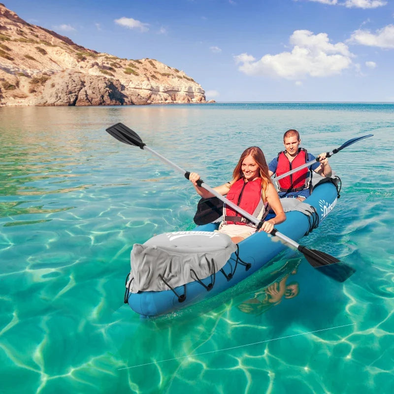 2-Person Inflatable Kayak, Foldable Inflatable Fishing Boat Canoe Set With Air Pump, Aluminum Oars, Blue