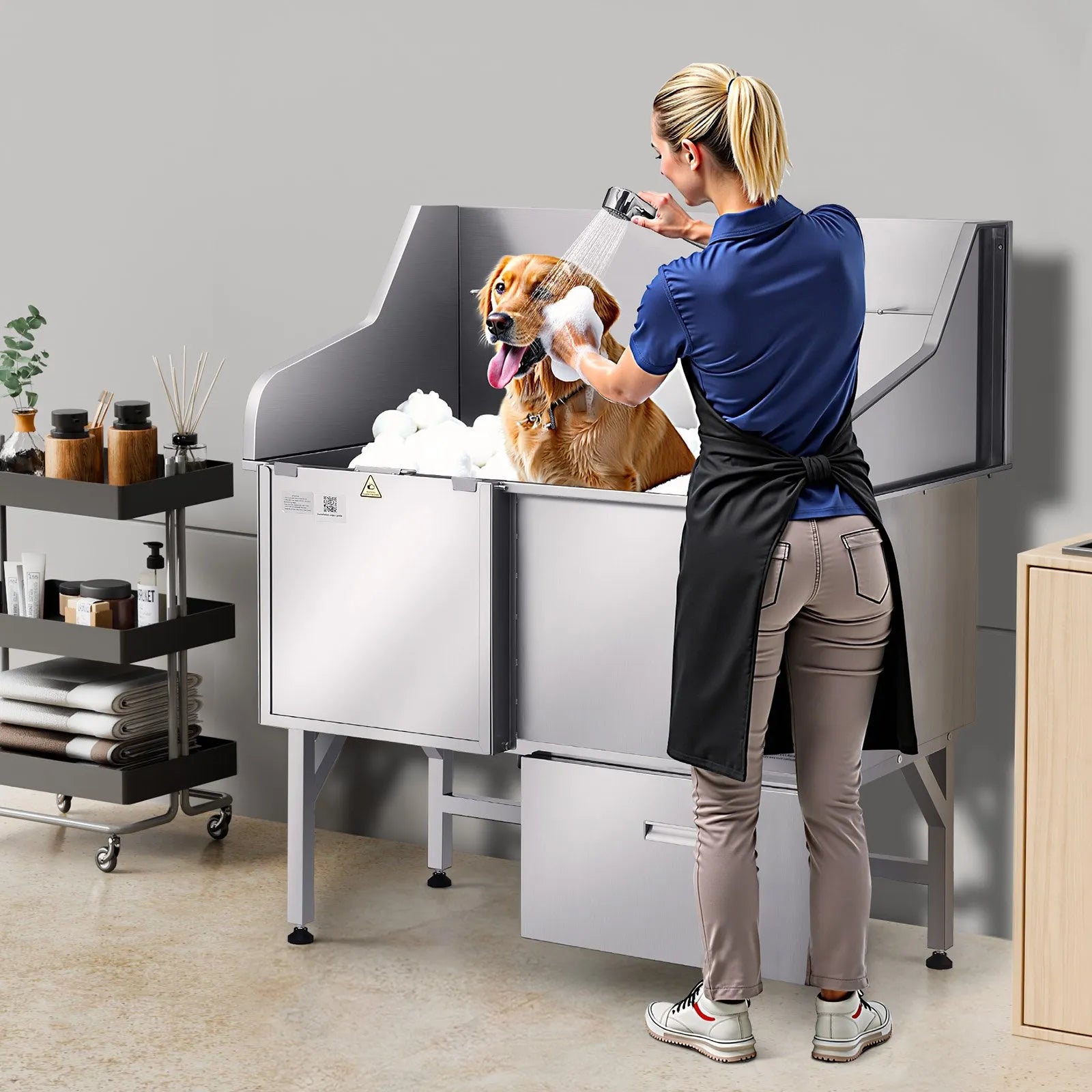 VEVOR 50 Inch Dog Grooming Bath Tub Stainless Steel w Ramp Faucet Left Door