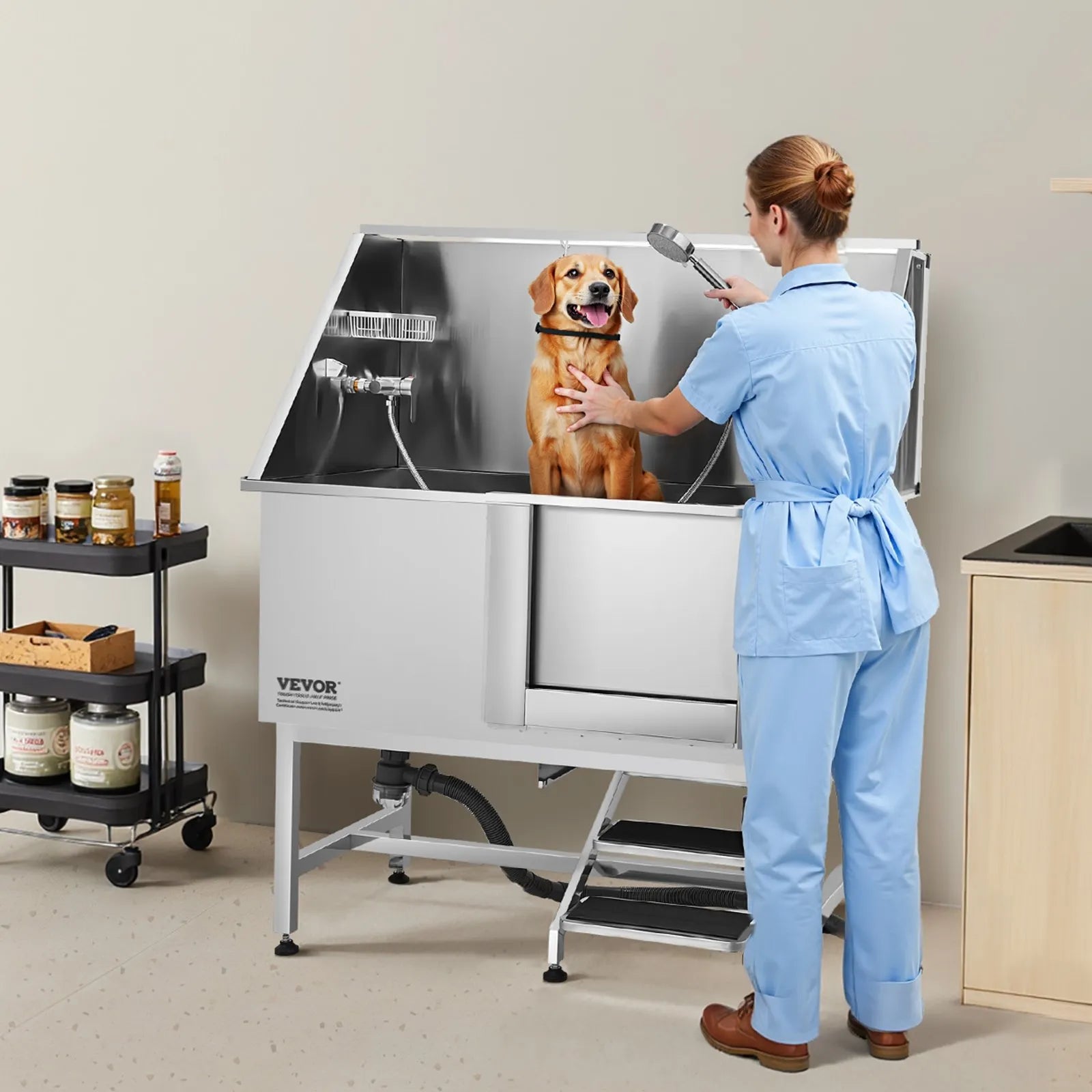 VEVOR 50 Inch Dog Grooming Bath Tub Stainless Steel w Stairs Water Filter