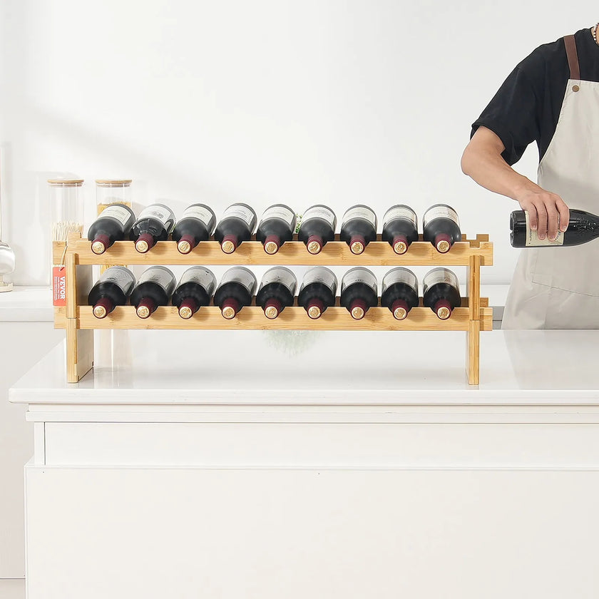 VEVOR 18 Bottle Stackable Modular Wine Rack Bamboo Wood Display Shelf 2-Tier