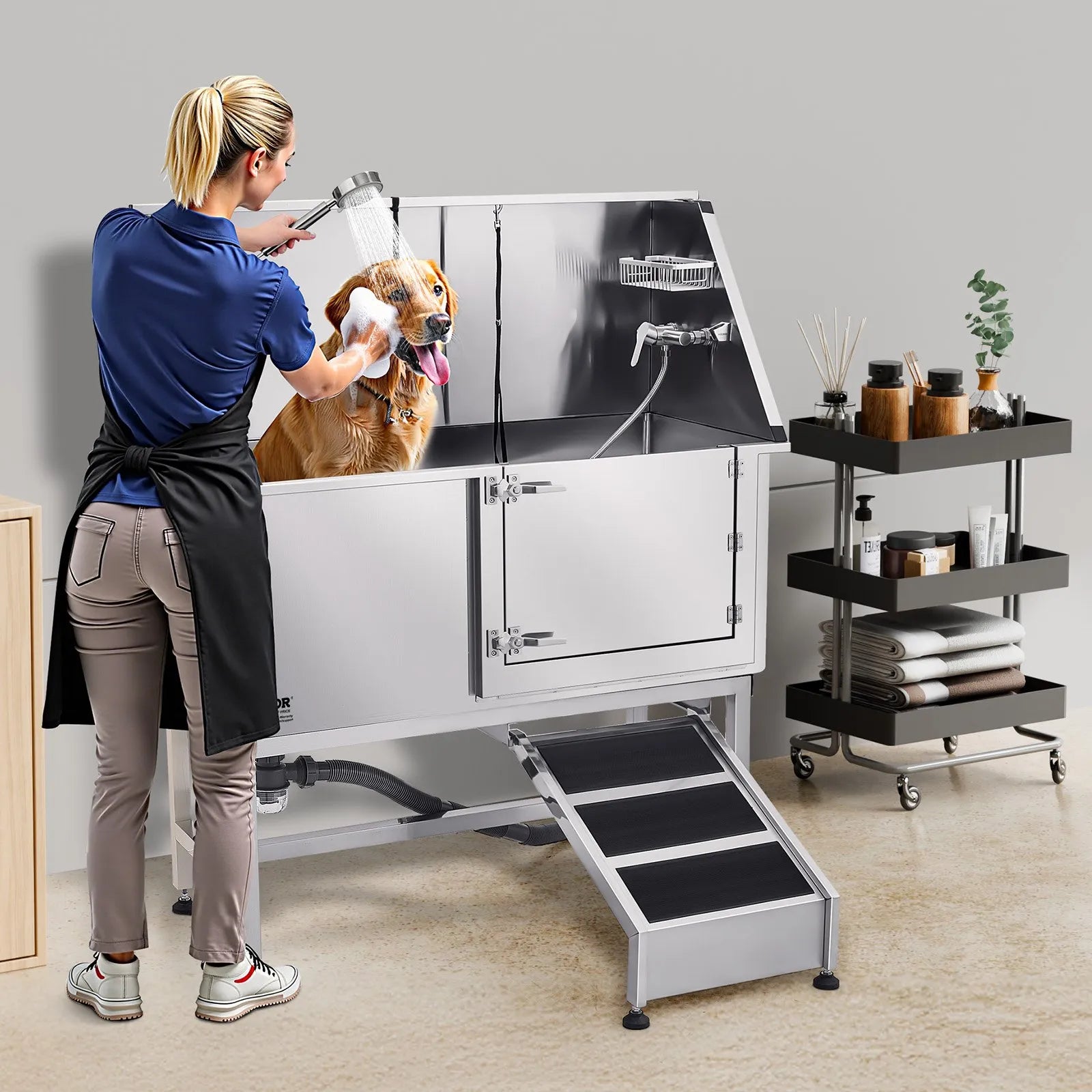 VEVOR 50 Inch Dog Grooming Bath Tub Stainless Steel w Ramp Water Filter