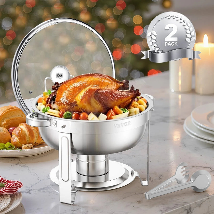 VEVOR 5 Qt 2 Pack Round Chafing Dish Buffet Set Full-Size Pan Stainless Steel