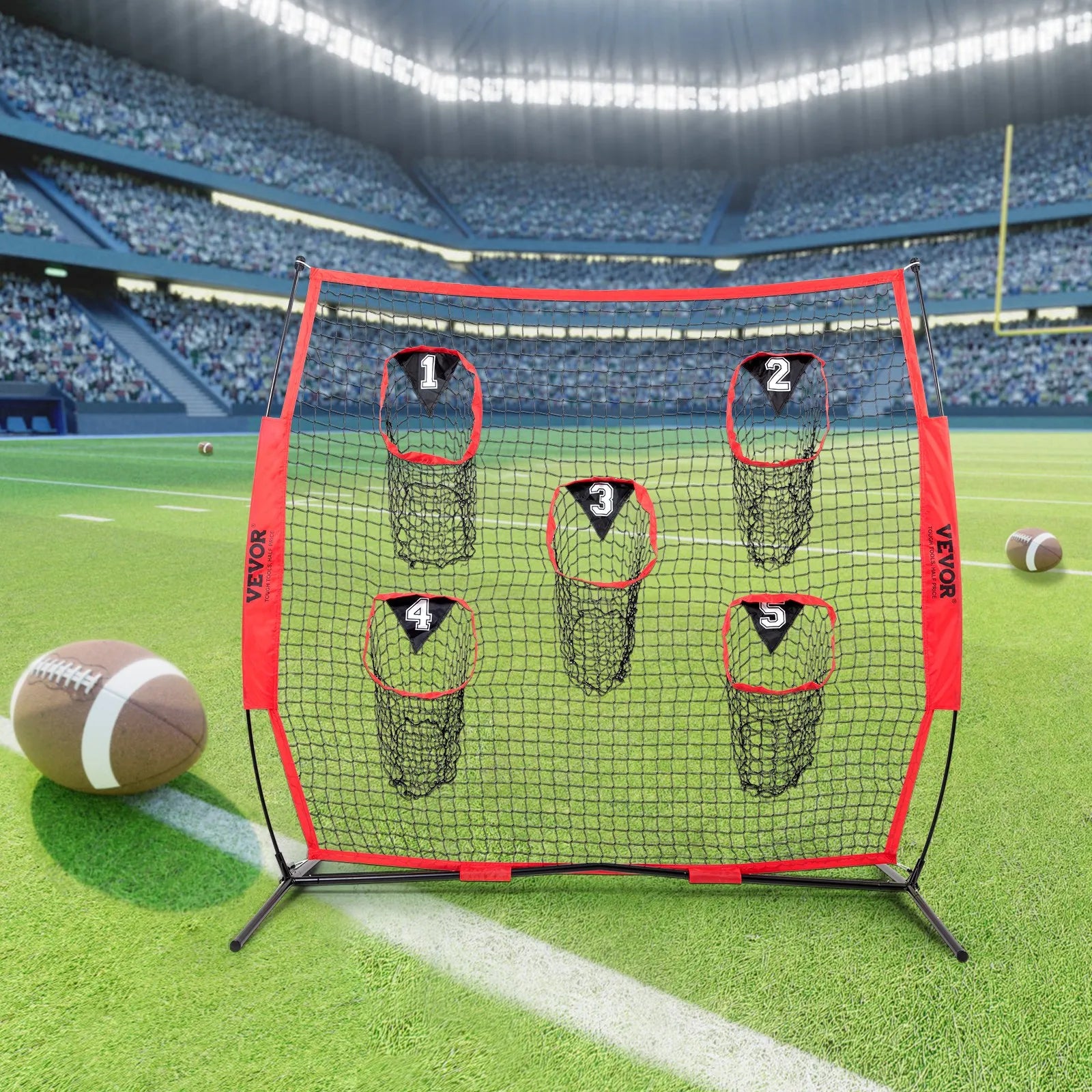 VEVOR 7 x 7 ft Football Trainer Throwing Net, Training Throwing Target Practice Net with 5 Target Pockets, Knotless Net Includes Bow Frame and Portable Carry Case, Improve QB Throwing Accuracy, Red