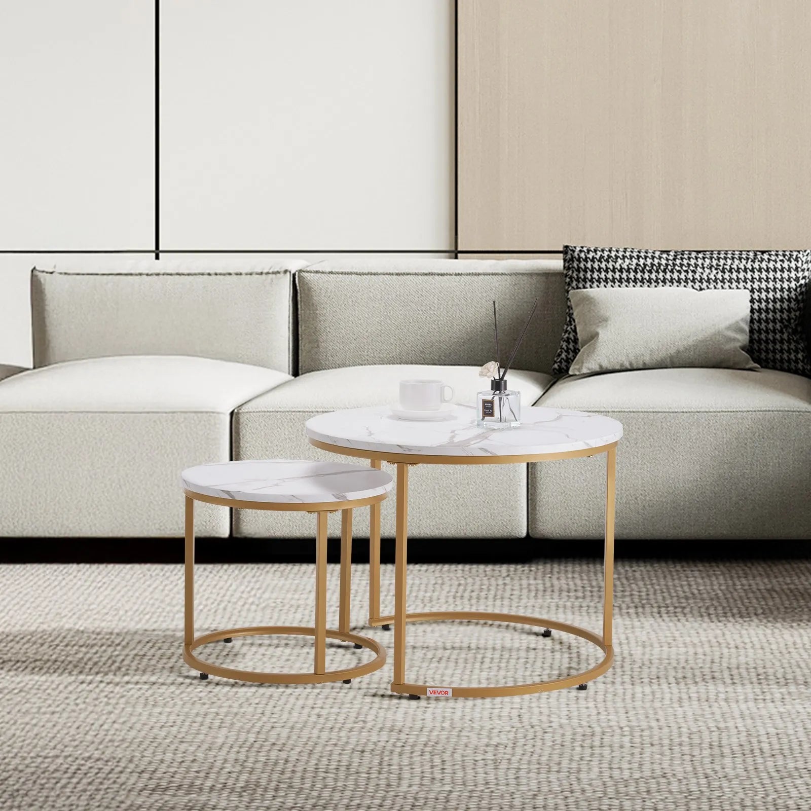 VEVOR Nesting Coffee Table Set of 2 Round Coffee Table 23.6 in (White & Gold)