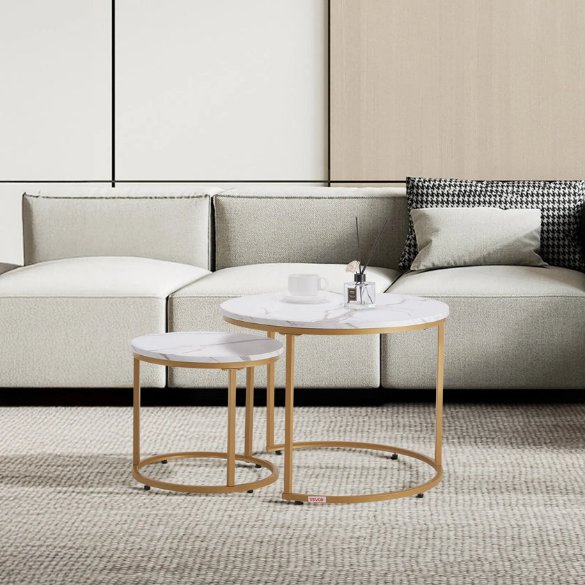 VEVOR Nesting Coffee Table Set of 2 Round Coffee Table 23.6 in (White & Gold)