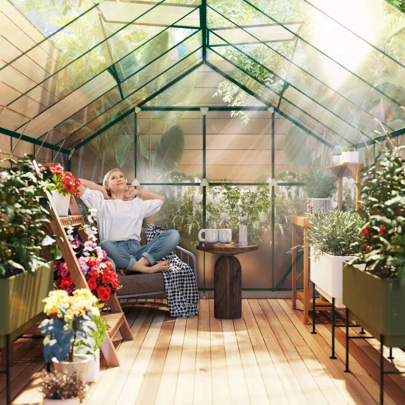 16' x 8' Aluminum Polycarbonate Greenhouse Walk-in Garden Greenhouse Kit with Adjustable Roof Vent, Rain Gutter and Sliding Door for Winter, Green