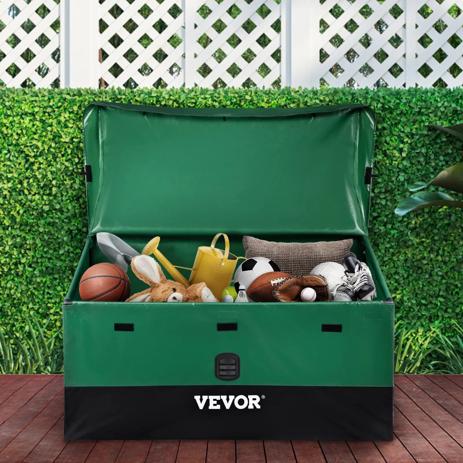 VEVOR Outdoor Storage Box, 100 Gallon Waterproof PE Tarpaulin Deck Box w/ Galvanized Frame, All-Weather Protection & Portable, for Camping, Garden, Poolside, and Yard, Brown & Blue