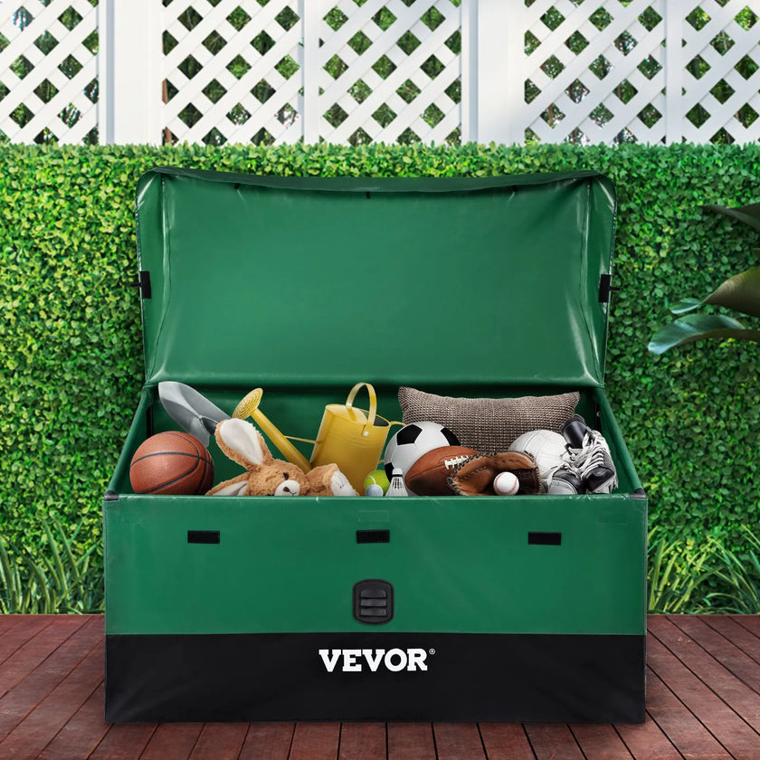 VEVOR Outdoor Storage Box, 100 Gallon Waterproof PE Tarpaulin Deck Box w/ Galvanized Frame, All-Weather Protection & Portable, for Camping, Garden, Poolside, and Yard, Brown & Blue