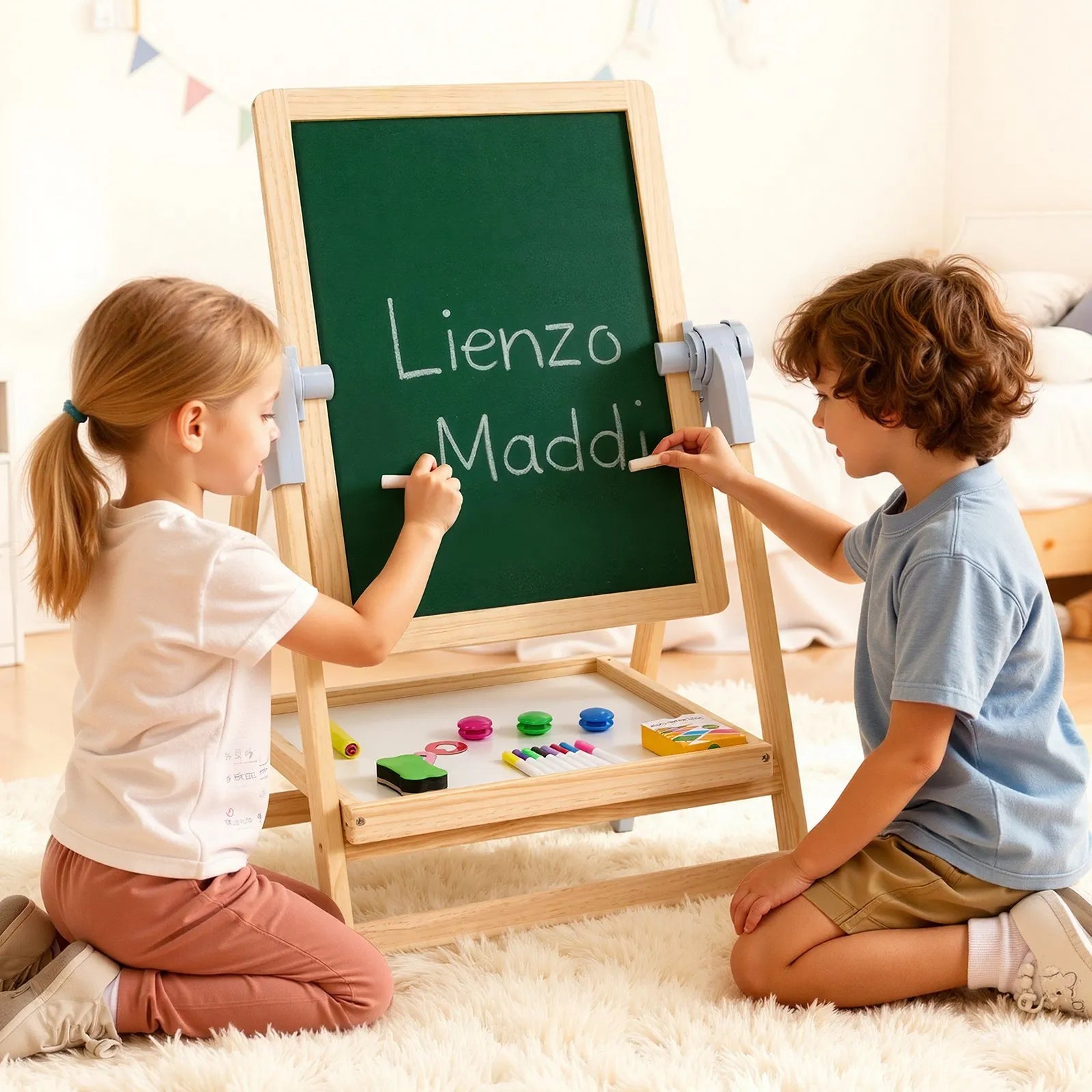 VEVOR 2-in-1 Kids Art Easel Double-Sided Wooden Magnetic Whiteboard Chalkboard