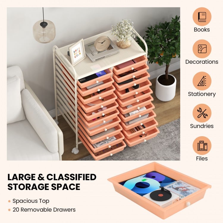 20 Drawers Rolling Storage Cart Studio Organizer-Peach