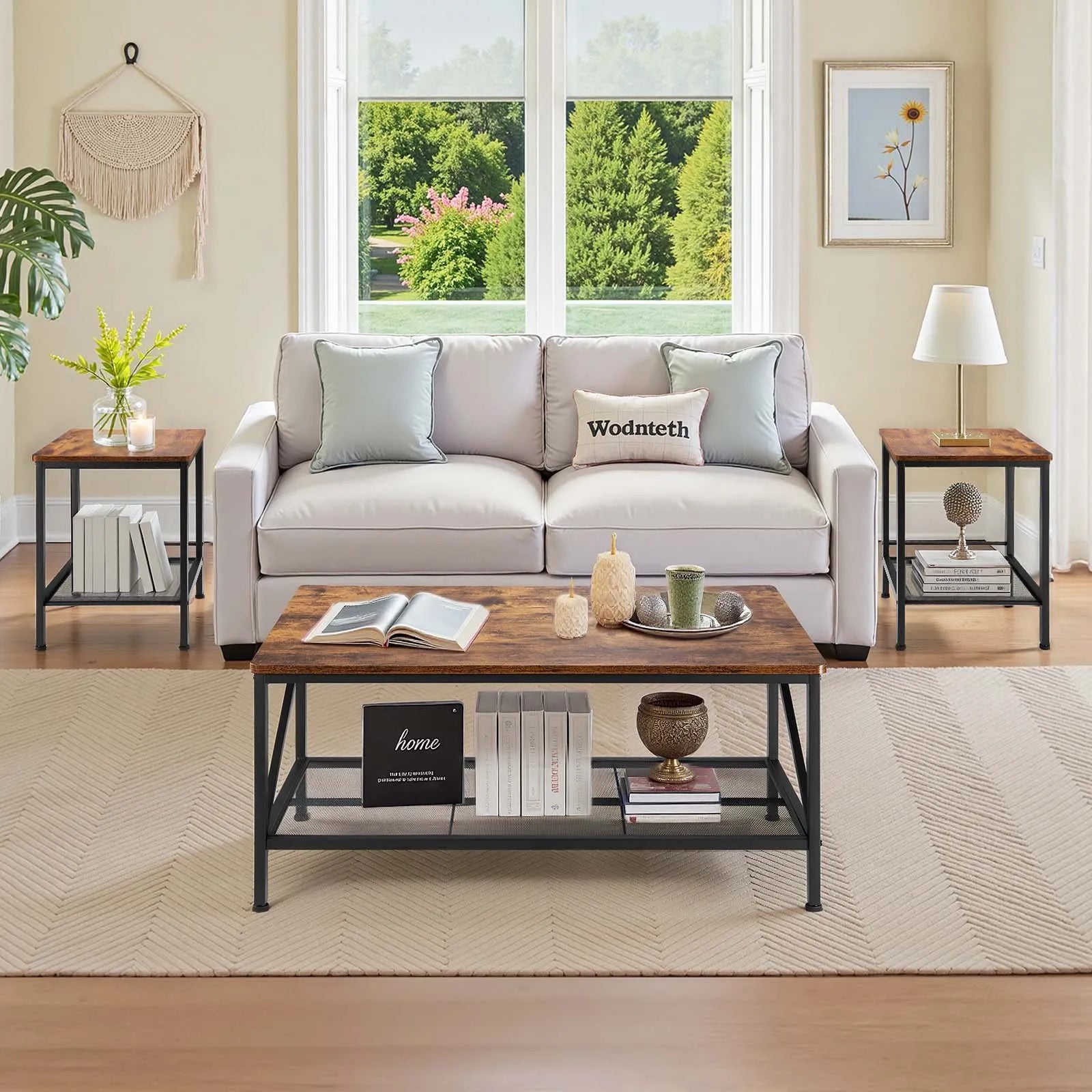 VEVOR 3 Pieces Living Room Table Sets 41.3 in Coffee Table with 2 End Tables