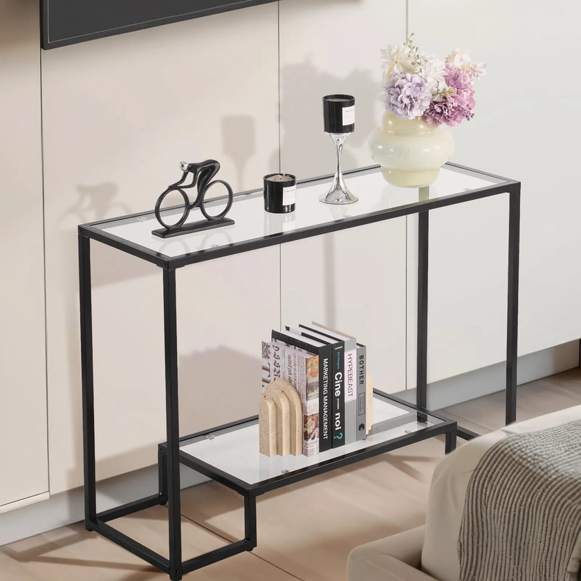 VEVOR 2-Tier Glass Console Table Rectangle Sofa Side Table with Anti-Tip Black