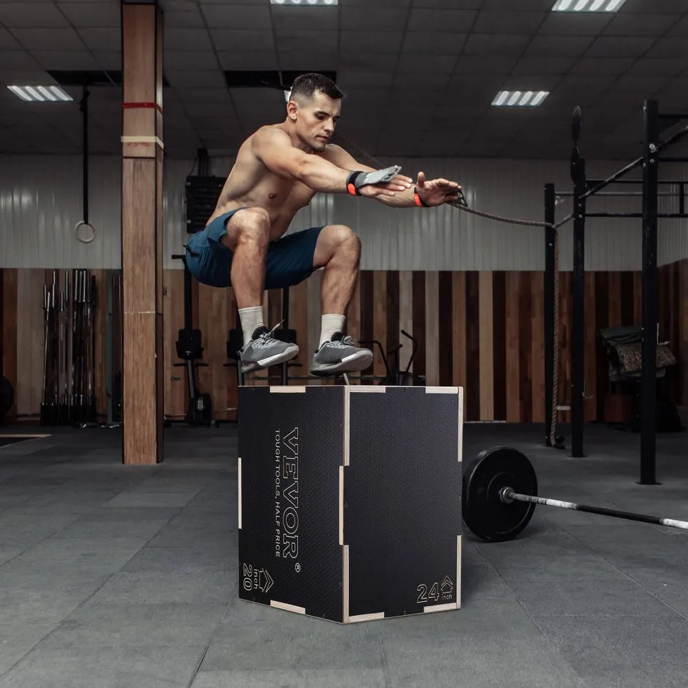 VEVOR 3 in 1 Plyometric Jump Box, 24/20/16 Inch Wooden Plyo Box, Platform & Jumping Agility Box, Anti-Slip Fitness Exercise Step Up Box for Home Gym Training, Conditioning Strength Training, Black