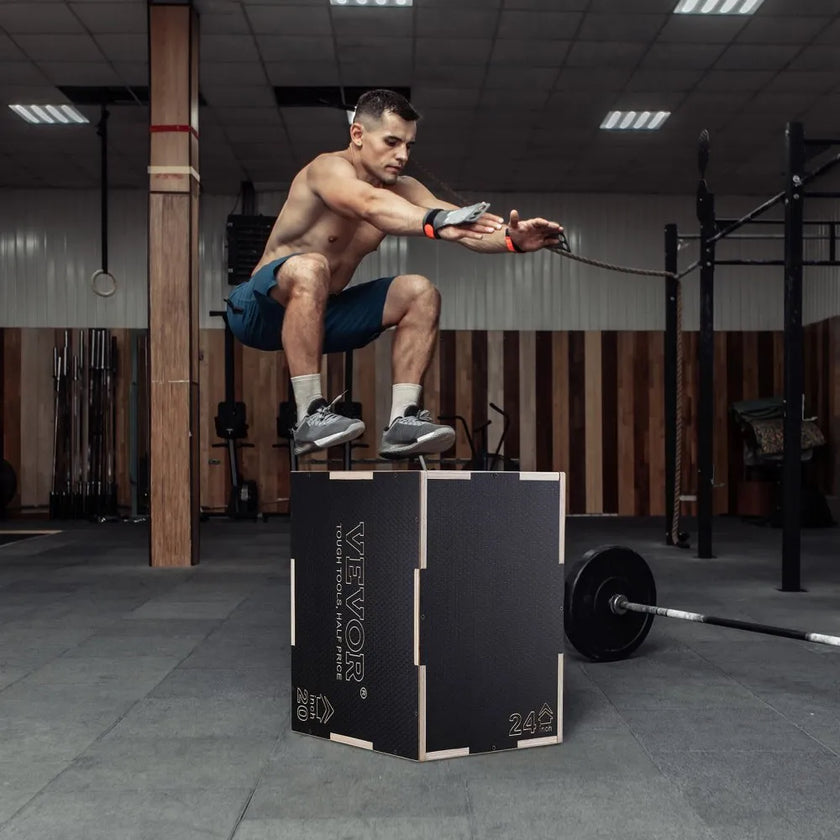 VEVOR 3 in 1 Plyometric Jump Box, 24/20/16 Inch Wooden Plyo Box, Platform & Jumping Agility Box, Anti-Slip Fitness Exercise Step Up Box for Home Gym Training, Conditioning Strength Training, Black
