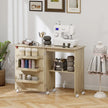 Sewing Machine Cabinet, Folding Sewing Table with Storage Shelf, Bins and Lockable Wheels for Small Space, Nature Wood