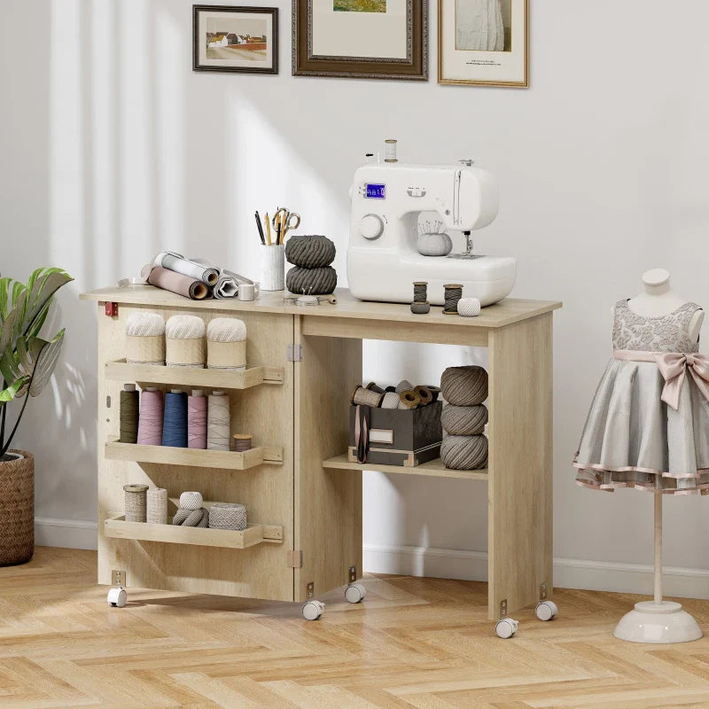 Sewing Machine Cabinet, Folding Sewing Table with Storage Shelf, Bins and Lockable Wheels for Small Space, Nature Wood