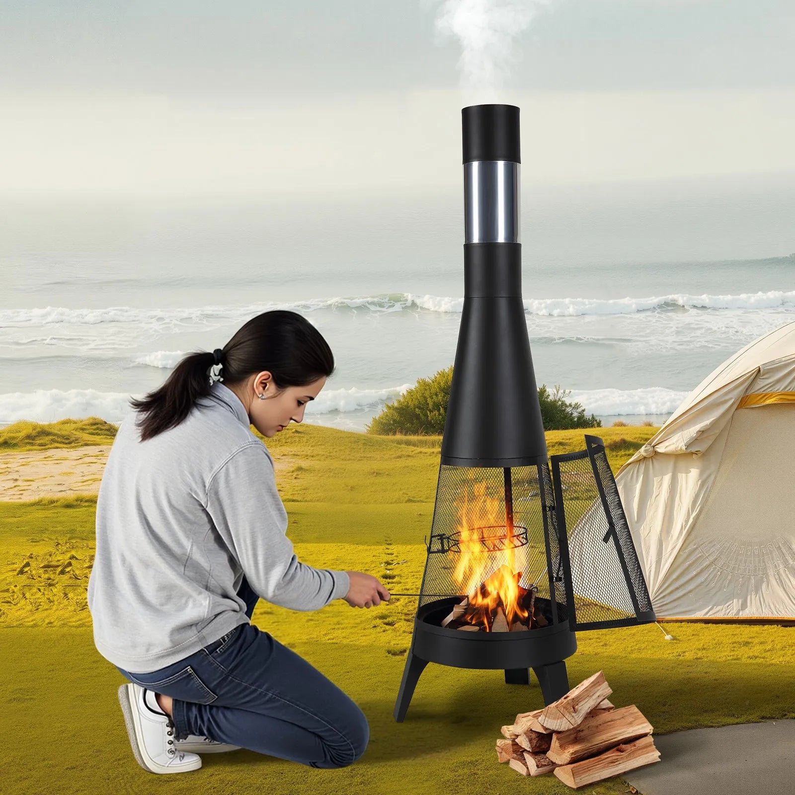 VEVOR 20 In Chiminea Outdoor Wood Burning Firepit with Grill Mesh & Chimney Coat