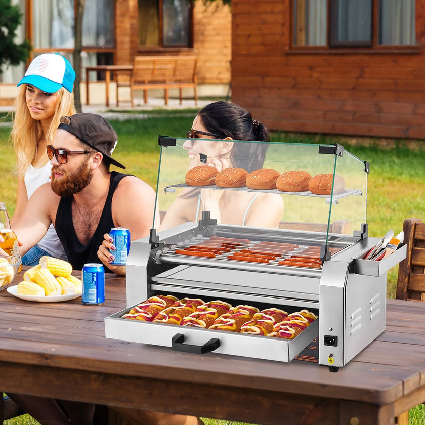 VEVOR 18 Hot Dog 7 Roller Electric Grill Cooker Machine Bun Warmer Cover 1200W
